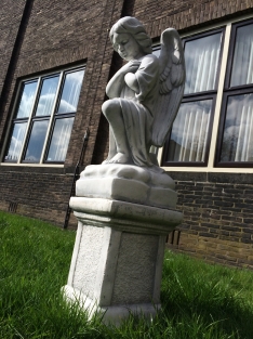 Angel kneeling on a pedestal, full solid cast stone statue, beautifully designed!!